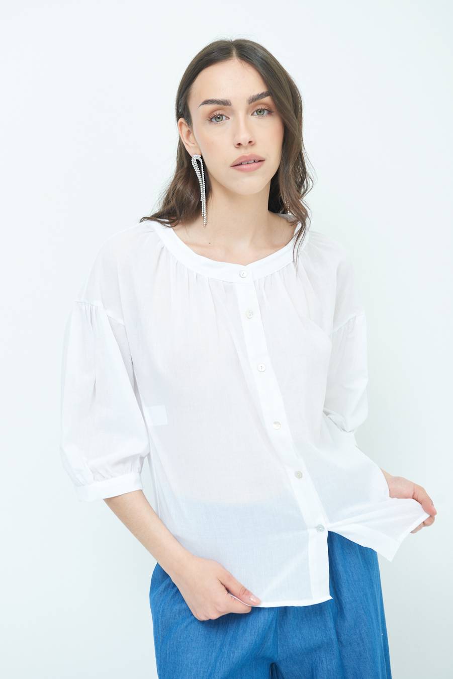 Kikisix CAMICIA SCOLLO INCRESPATO COTONE BIANCO 2025