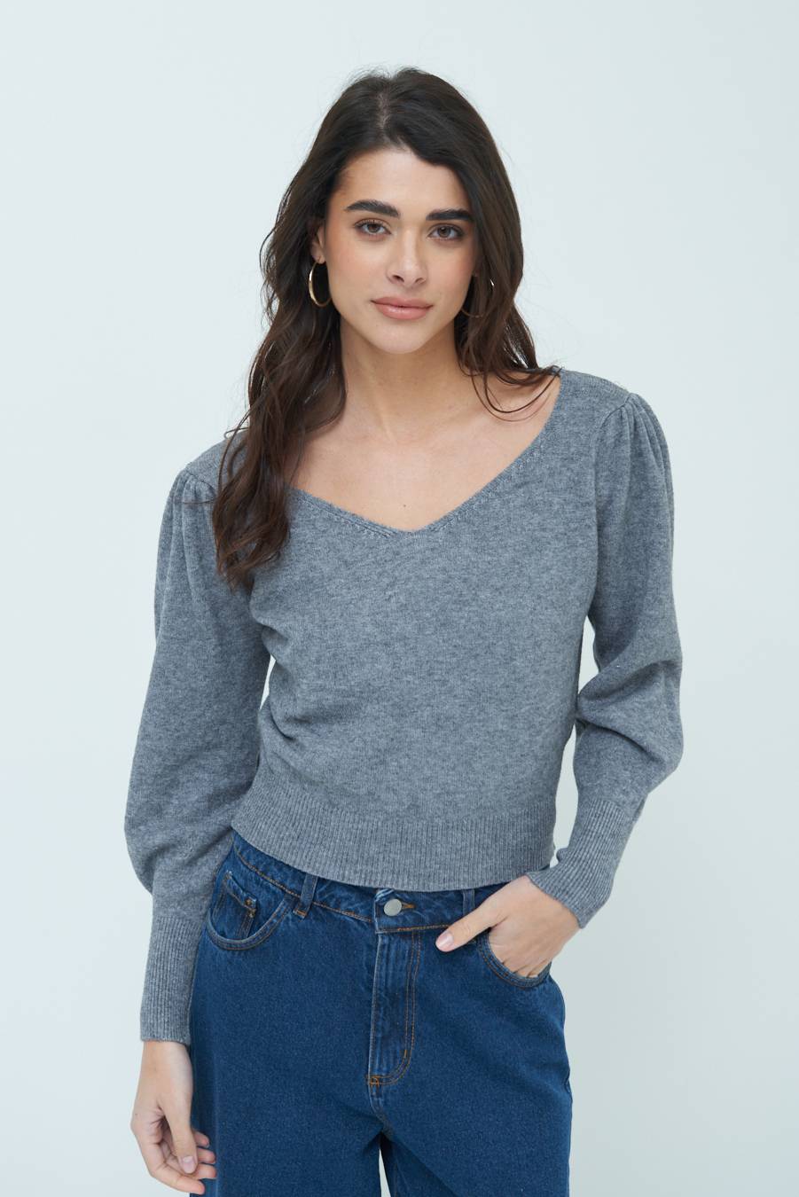 Kikisix MAGLIA SCOLLO V CON MANICA INCRESPATA GRIGIO Nuova