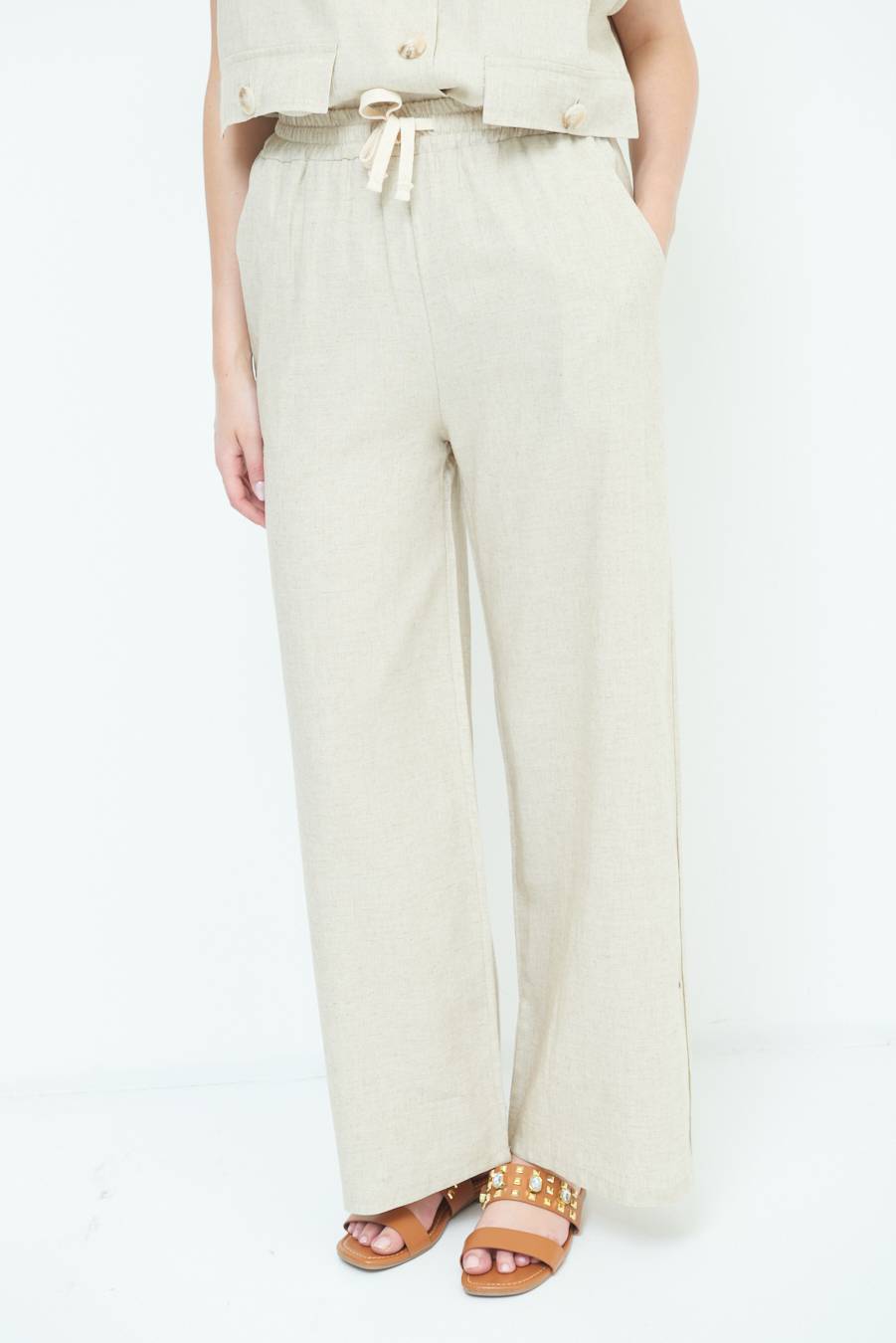 Kikisix PANTA PALAZZO CON ELASTICO VISCOSA LINO NATURALE In Linea