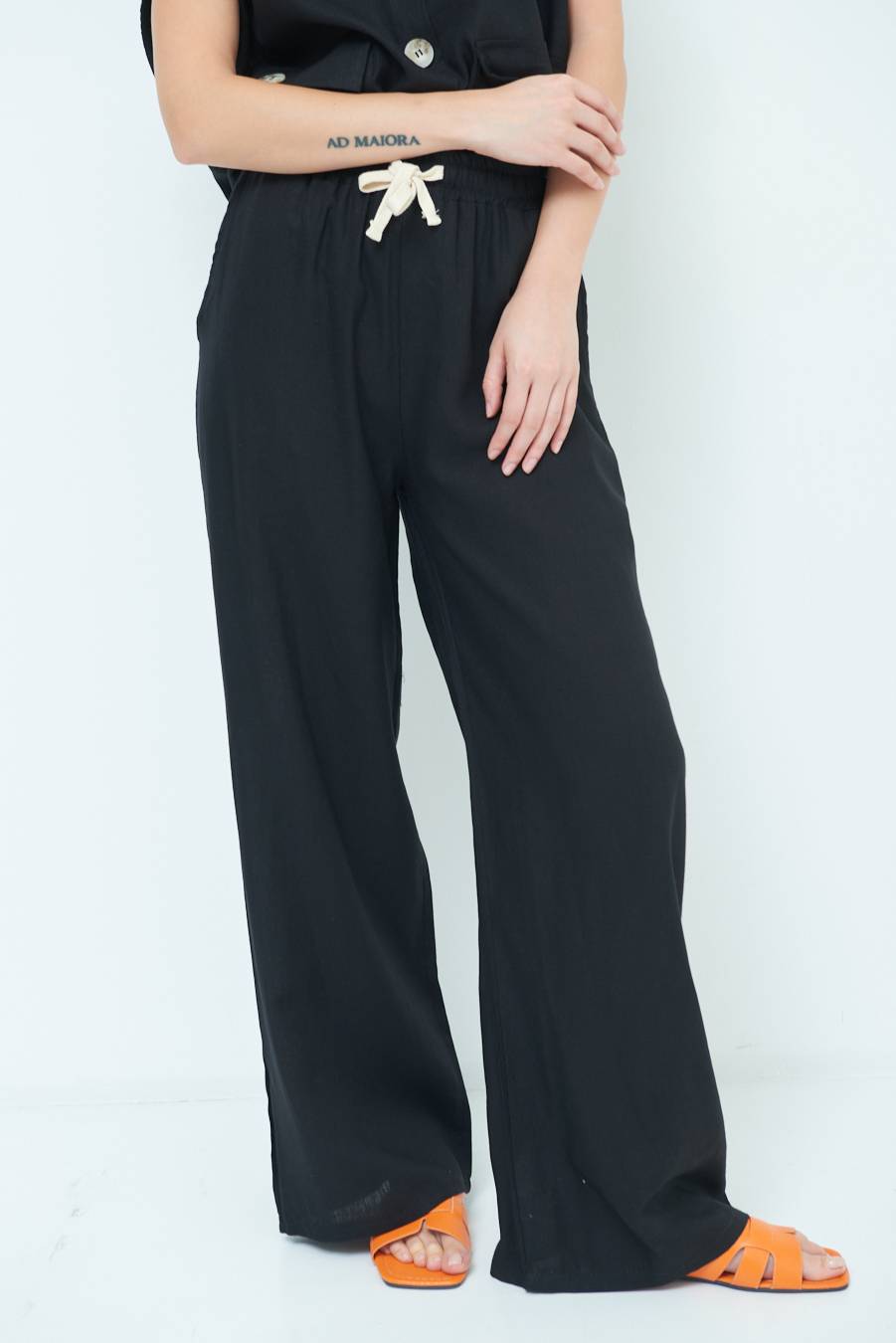 Kikisix PANTA PALAZZO CON ELASTICO VISCOSA LINO NERO Nuovo