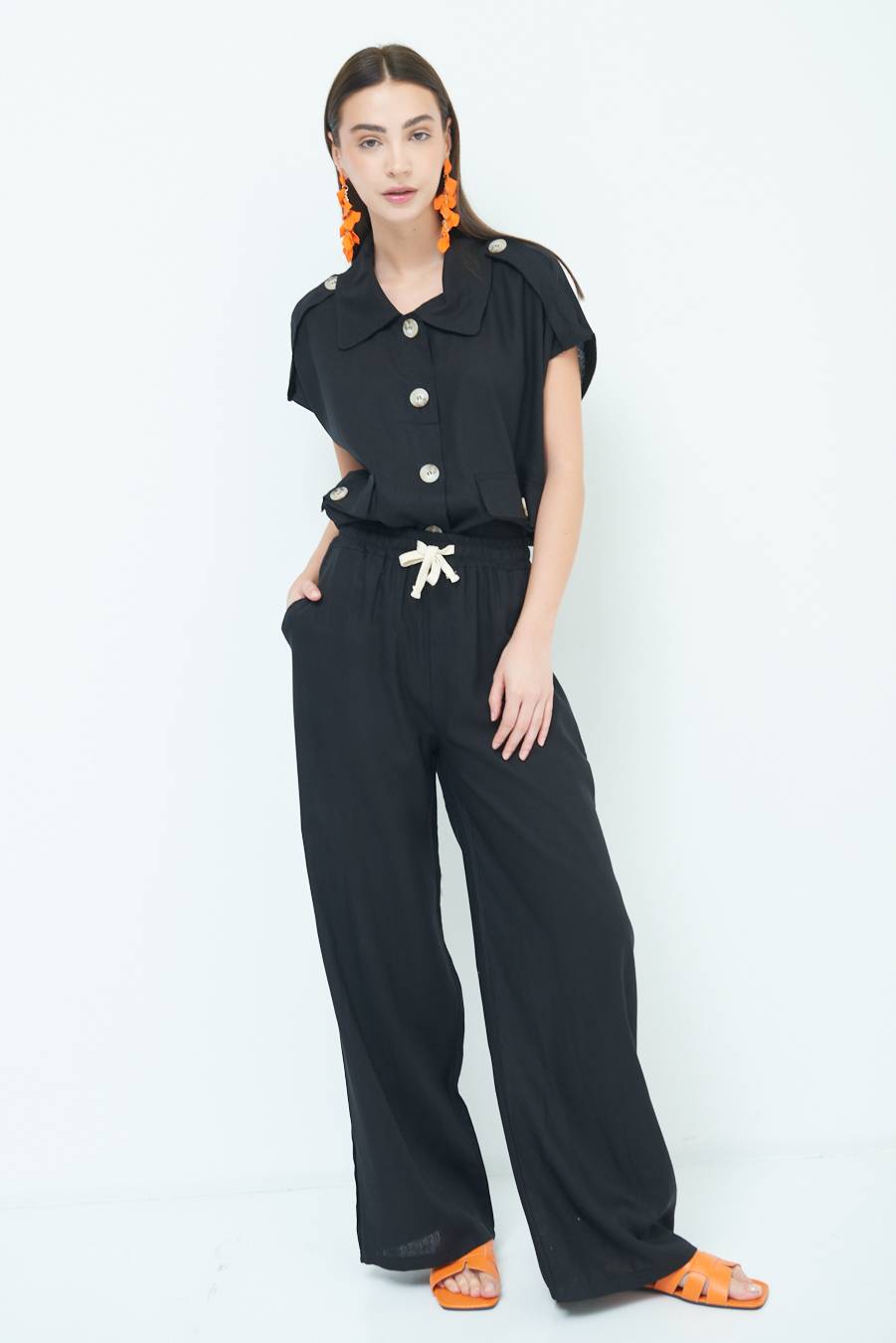 Kikisix PANTA PALAZZO CON ELASTICO VISCOSA LINO NERO Nuovo