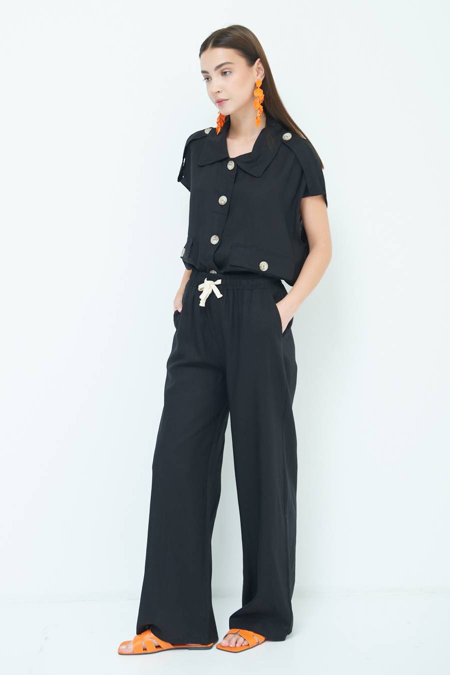 Kikisix PANTA PALAZZO CON ELASTICO VISCOSA LINO NERO Nuovo