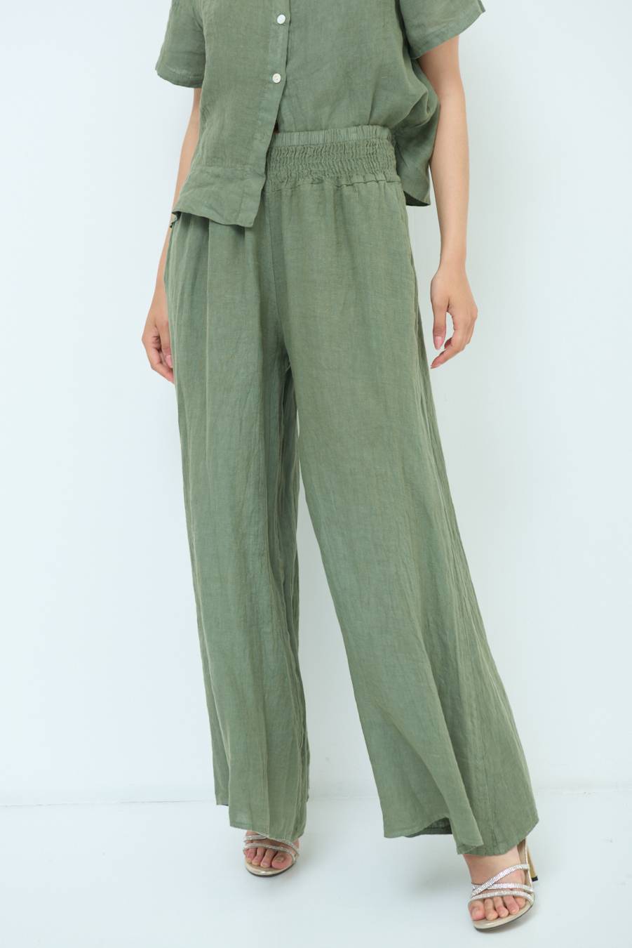 Kikisix PANTA PALAZZO LINO CON ELASTICI VERDE MILITARE Pezzi Unici
