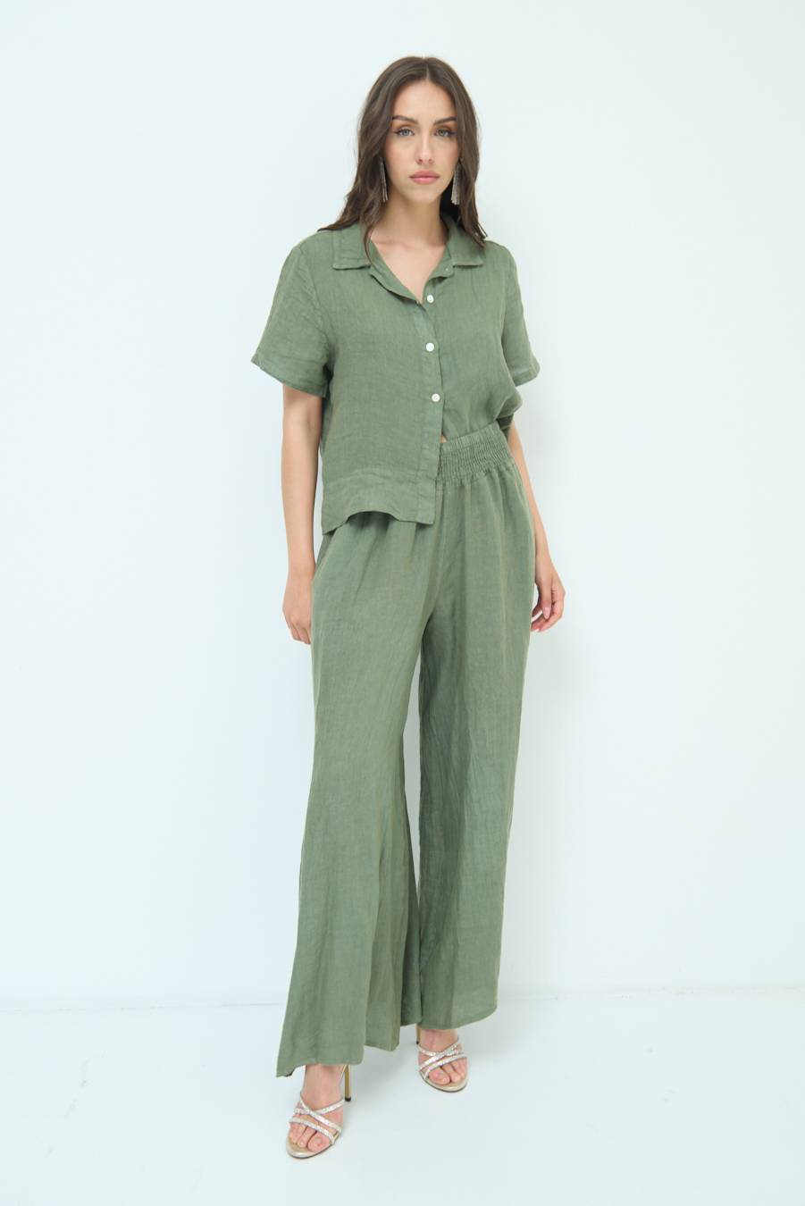 Kikisix PANTA PALAZZO LINO CON ELASTICI VERDE MILITARE Pezzi Unici