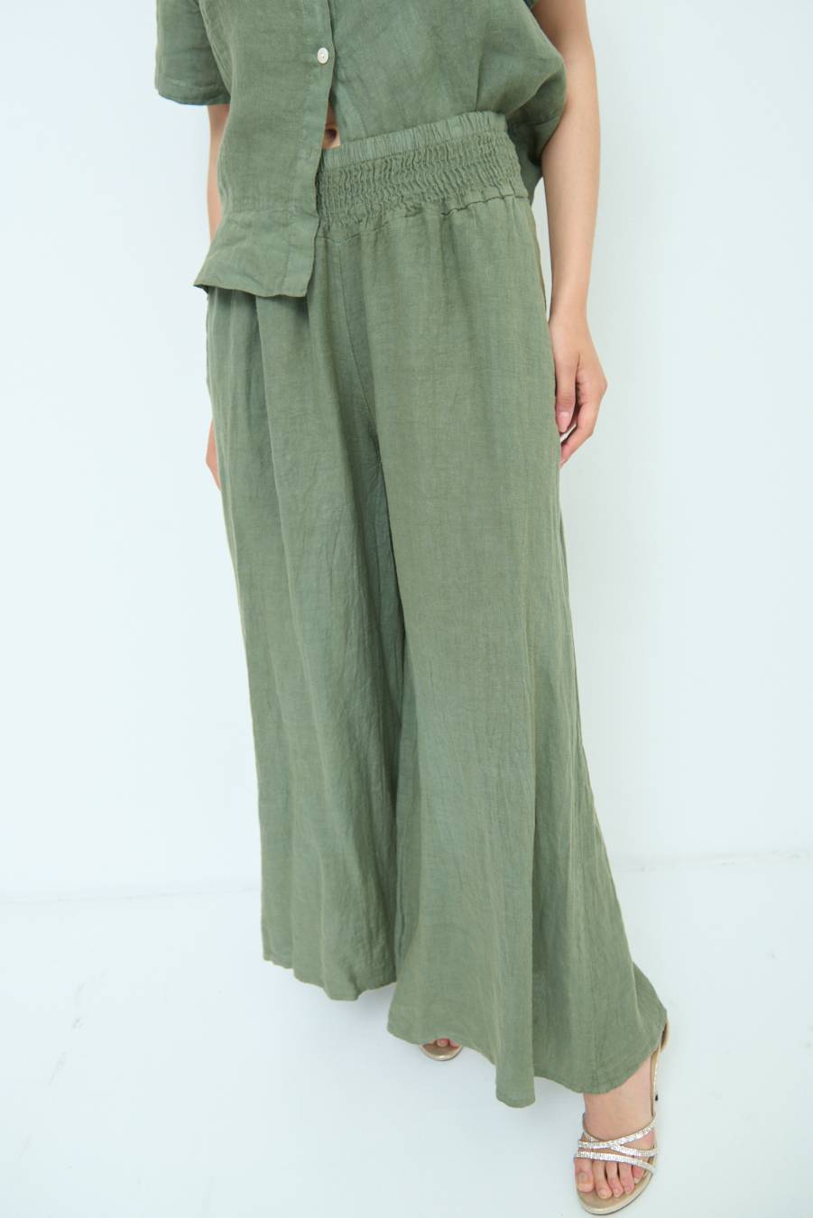 Kikisix PANTA PALAZZO LINO CON ELASTICI VERDE MILITARE Pezzi Unici