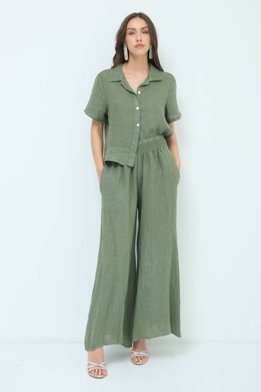 Kikisix PANTA PALAZZO LINO CON ELASTICI VERDE MILITARE Pezzi Unici