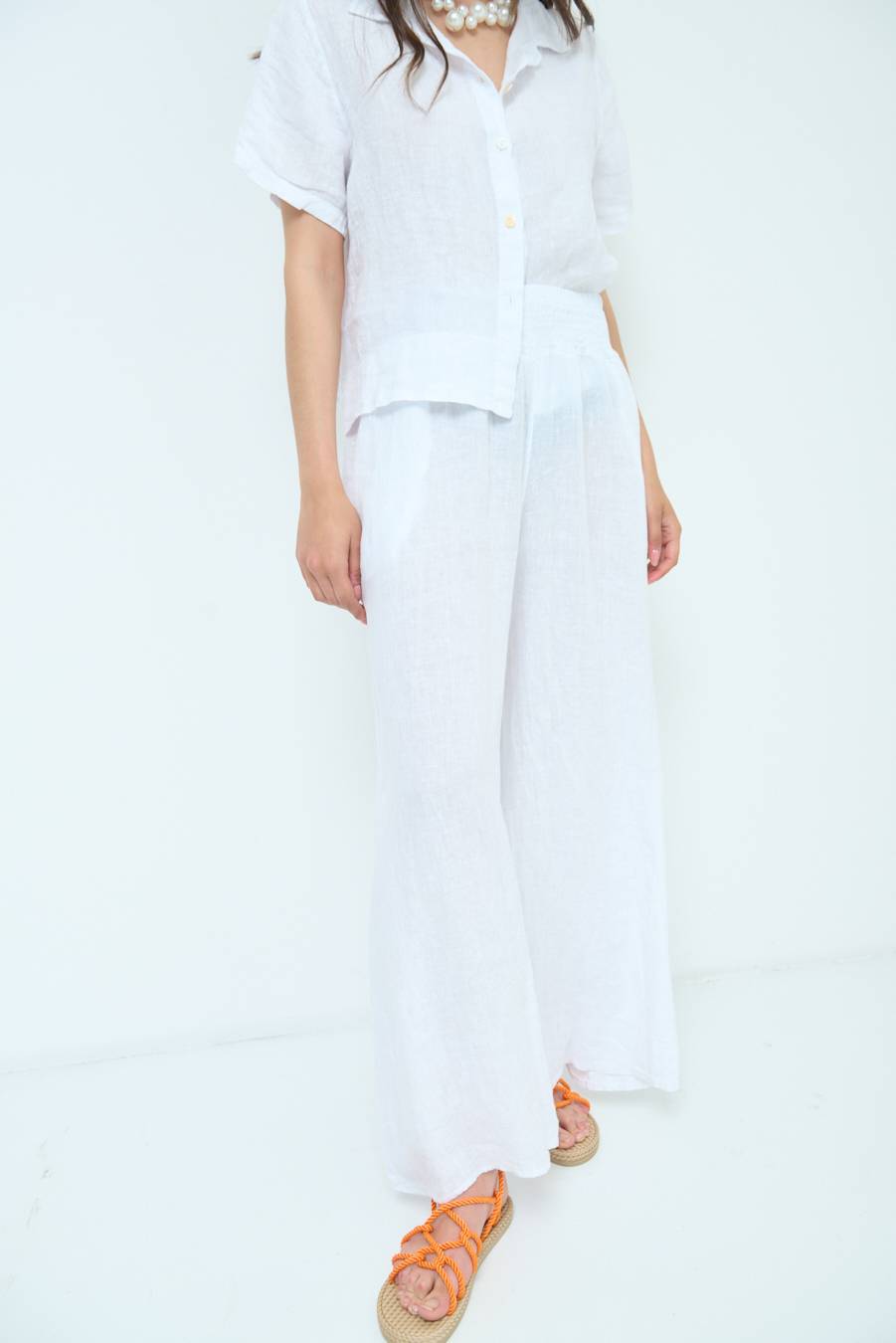 Kikisix PANTA PALAZZO LINO CON ELASTICI BIANCO Rilascio limitato