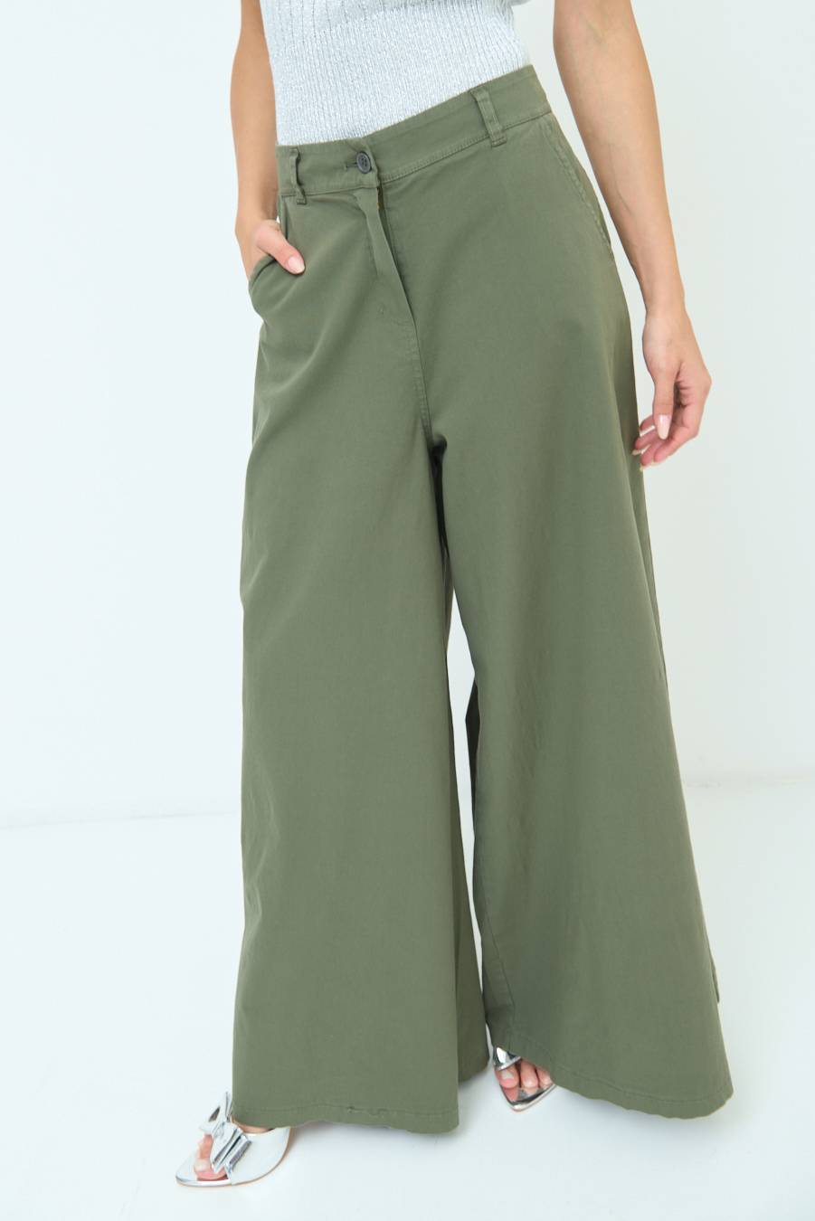 Kikisix PANTALONE PALAZZO COTONE VERDE MILITARE Acquista Ora