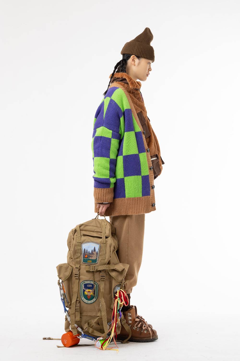 Lc23 Checkered Cardigan Green/Camel/Purple Sottocosto