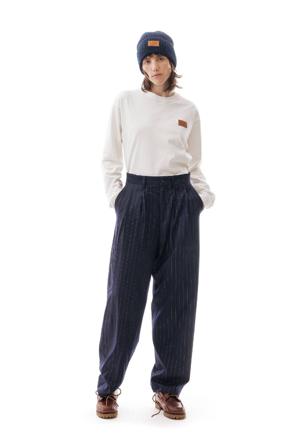 Lc23 Gessato Double Pence Trousers Navy In Vendita