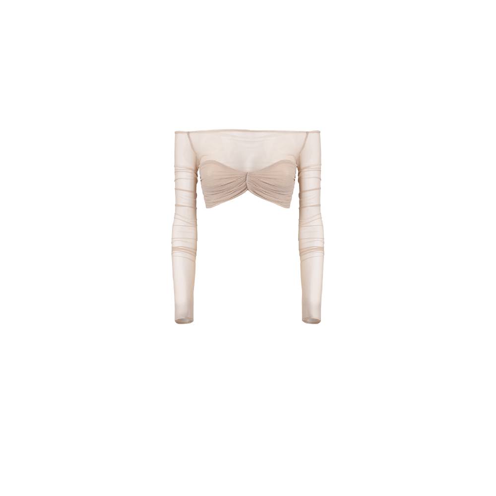 Nineminutes REVERSIBLE – THE BARDOT CROP TOP MESH SAND