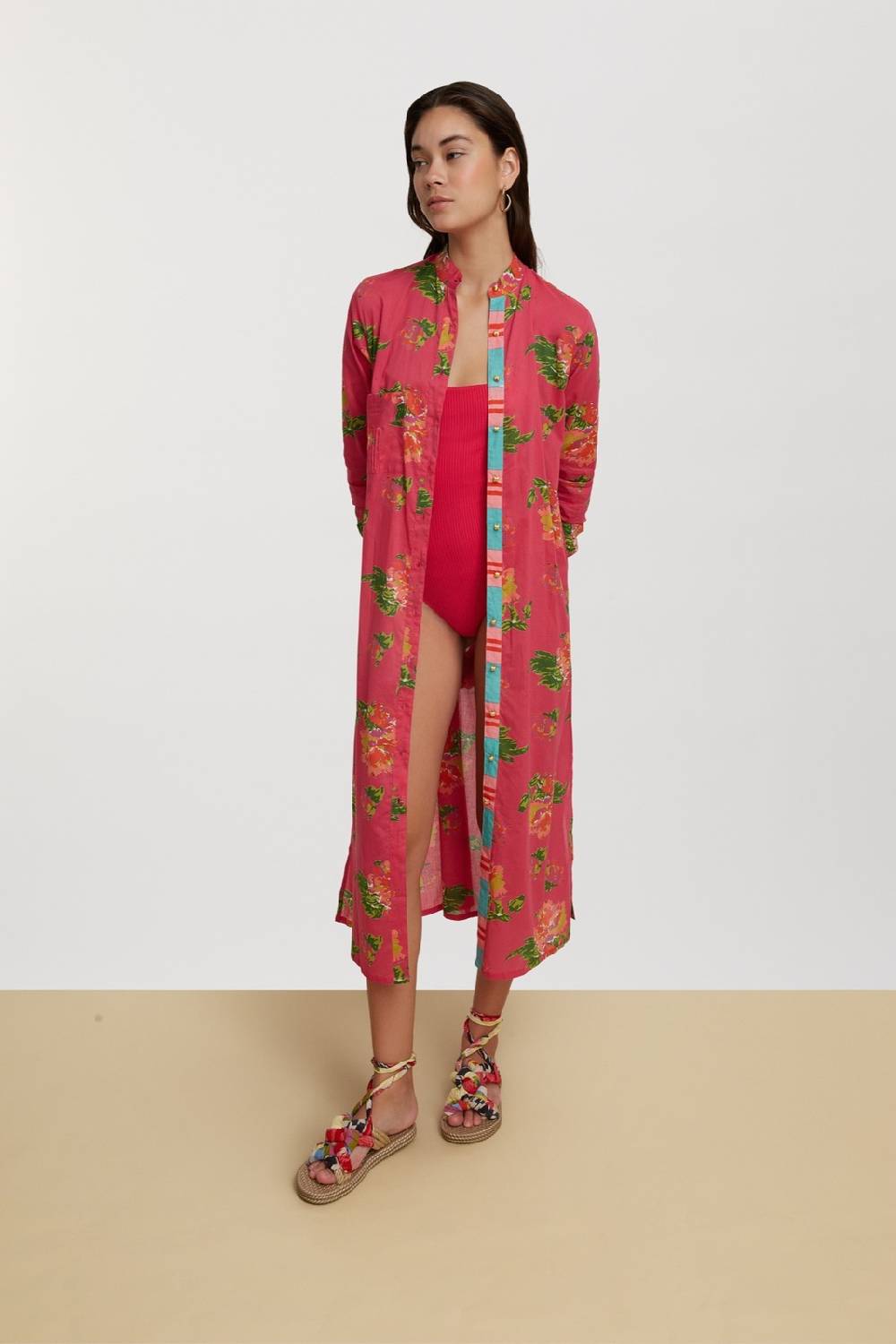 Lisa Corti kurta lunga aperta azhar flower fuxia Promozione