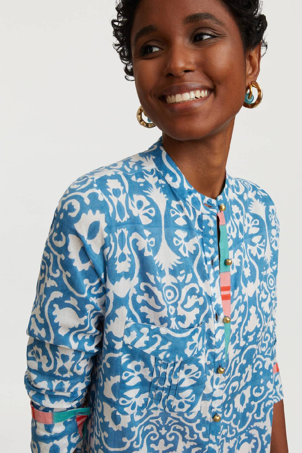 Lisa Corti kurta lunga aperta damask design white blue Vendita Calda