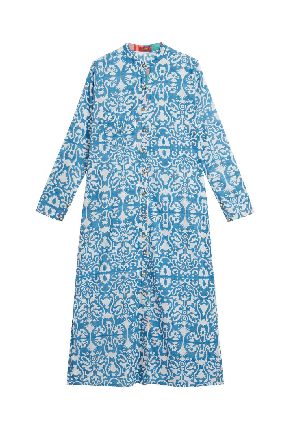 Lisa Corti kurta lunga aperta damask design white blue Vendita Calda