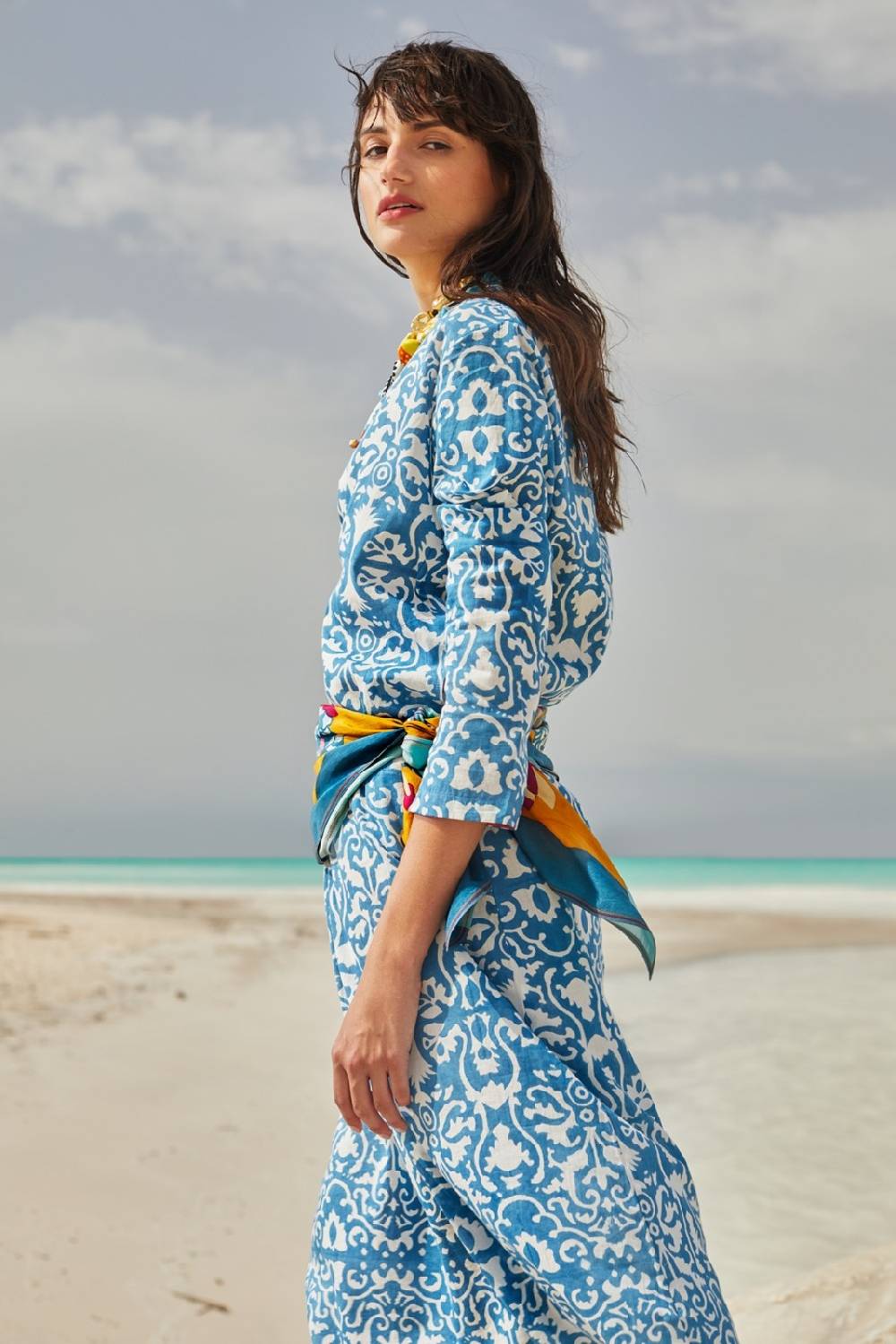 Lisa Corti kurta lunga damask design white blue Vendite Flash