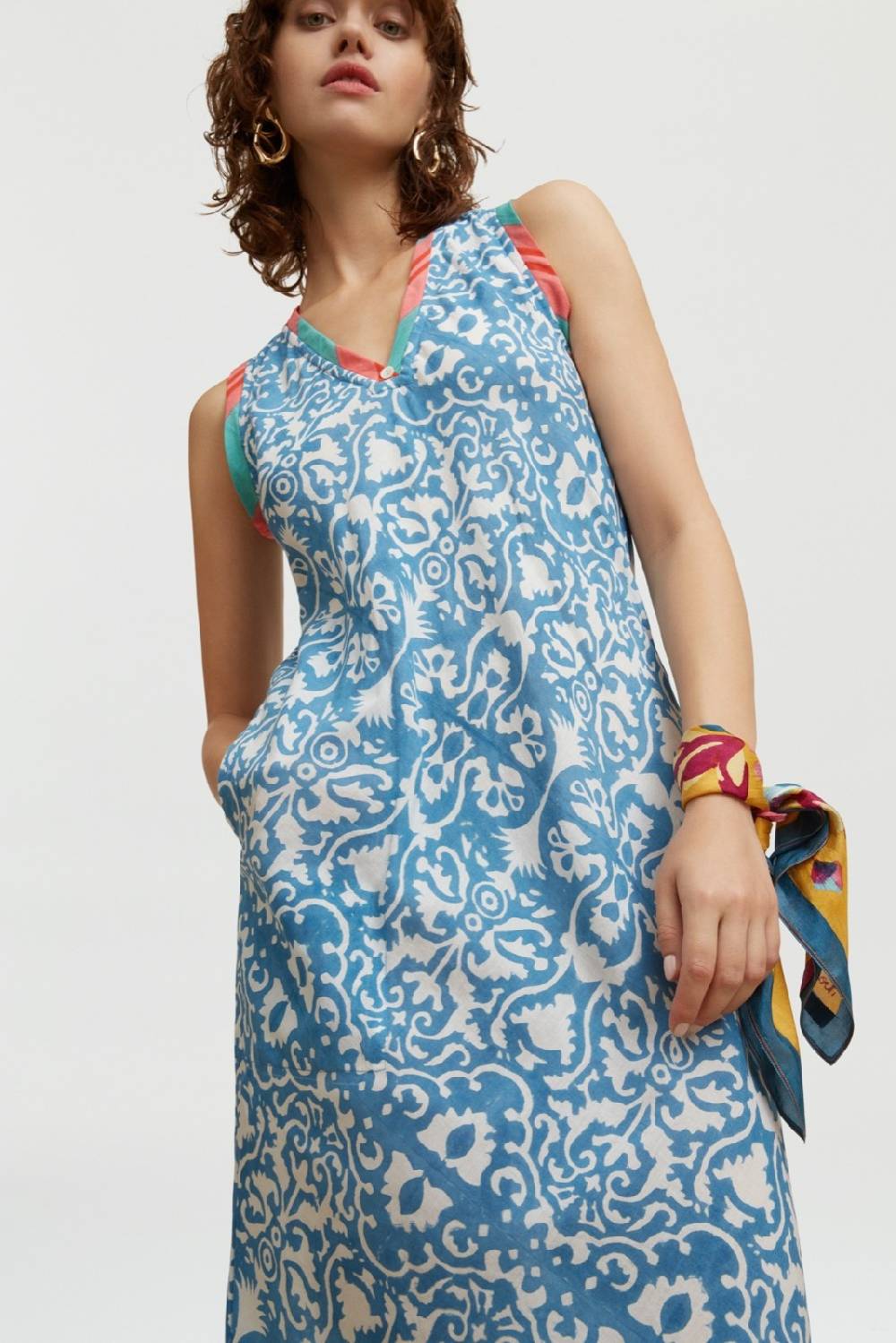 Lisa Corti abito cheack damask design white blue In Saldo