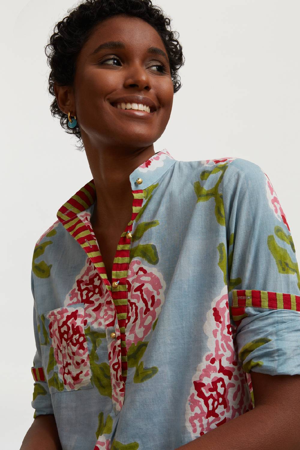 Lisa Corti kurta lunga leopard flower sky light blue Italy