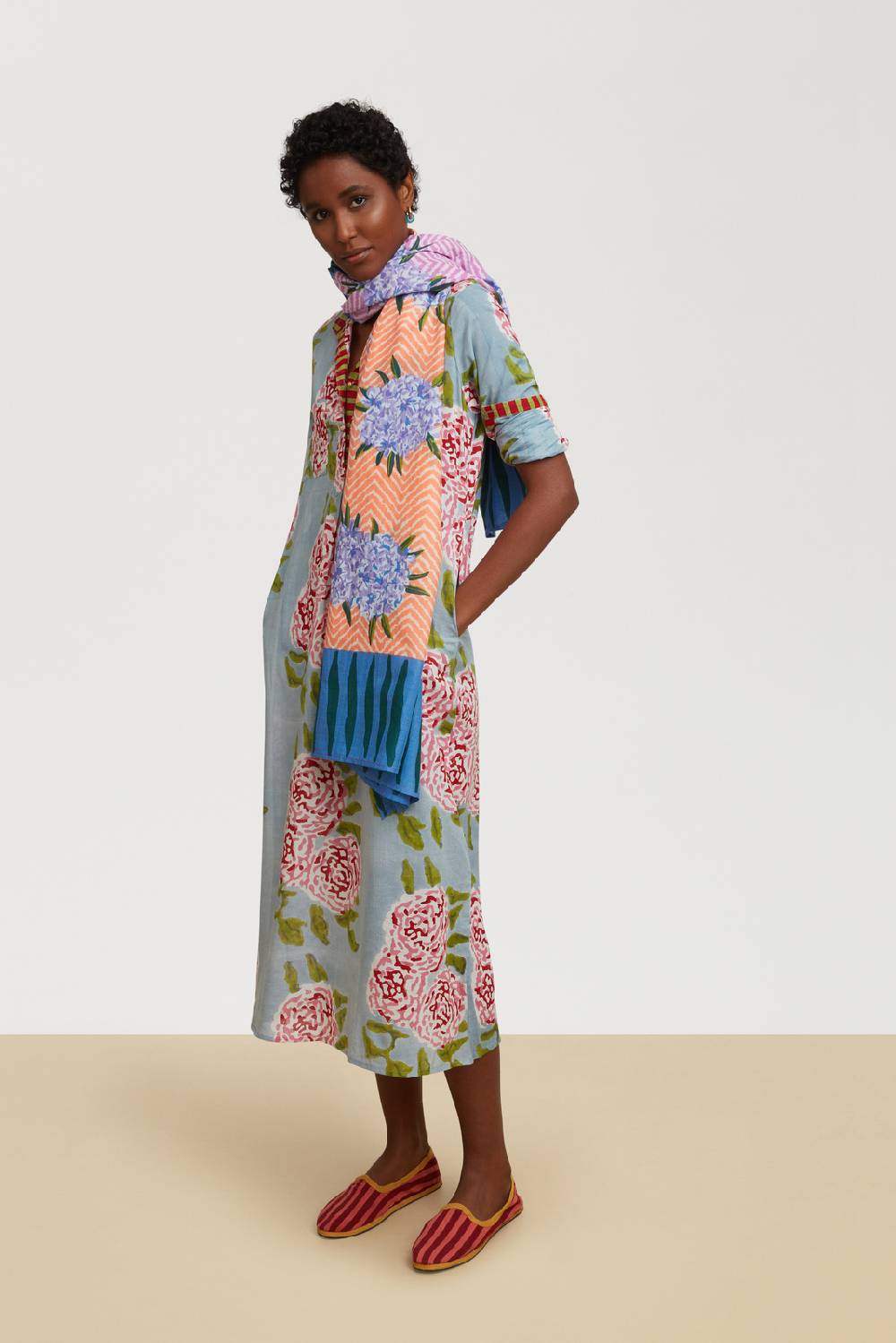 Lisa Corti kurta lunga leopard flower sky light blue Italy