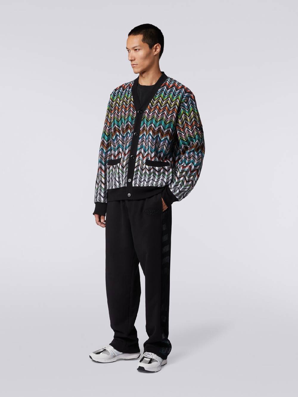 M Missoni Cardigan in maglia zig zag con profili tinta unita In Vendita