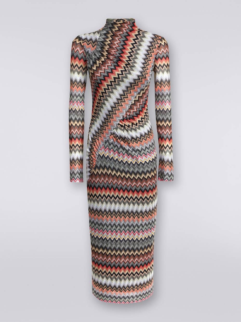 M Missoni Abito lungo con collo alto in cotone e viscosa zig zag con arricciature Promozione