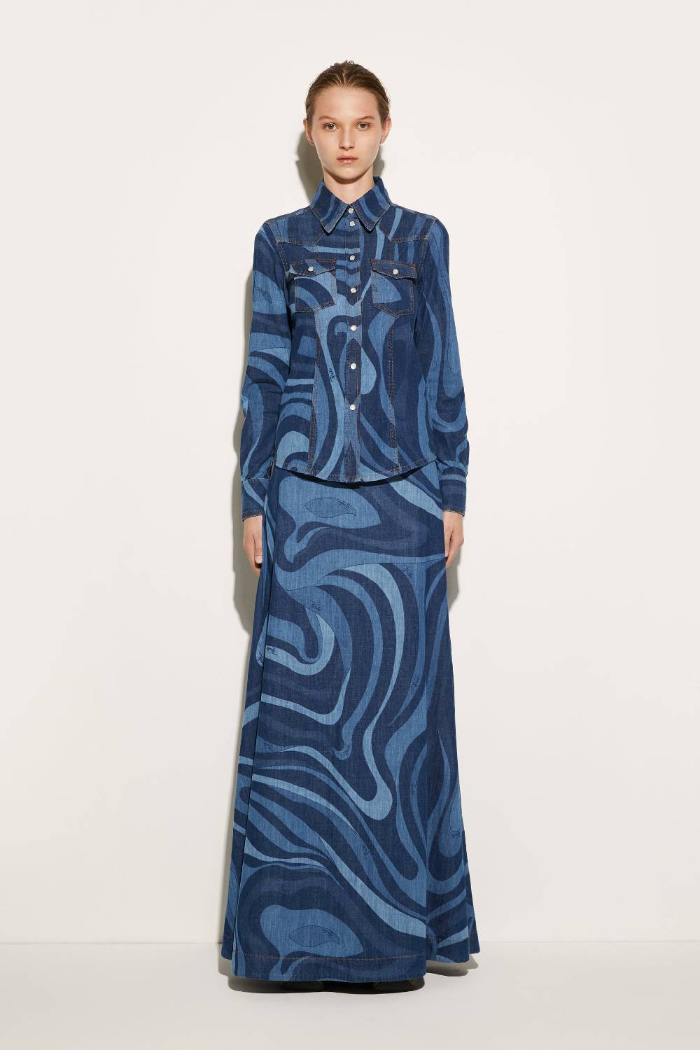 Pucci Camicia in denim con stampa Marmo Offerta Pasqua