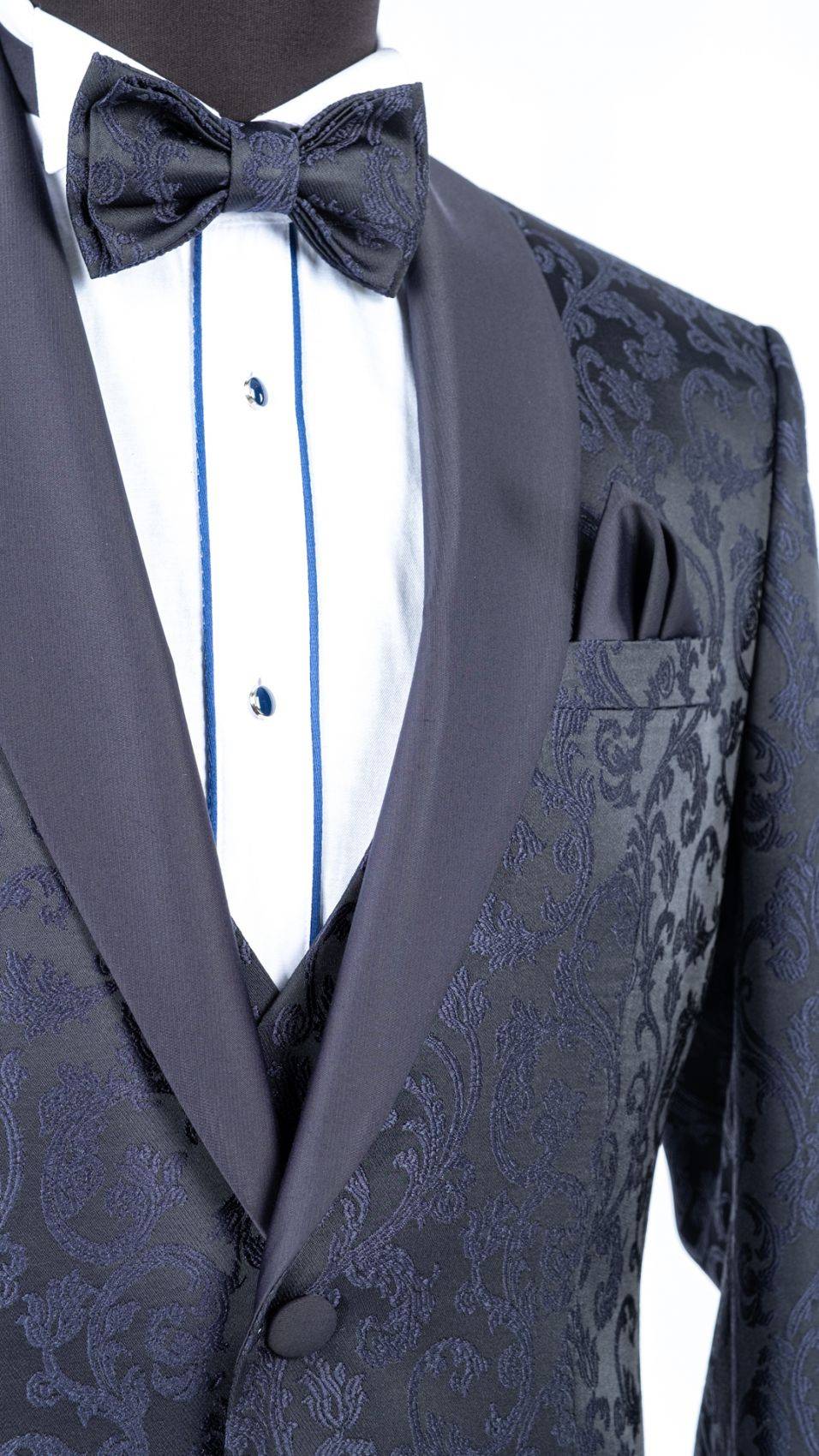 Baggi Smoking blu damascato da sposo con collo a scialle Saldi Di Fabbrica