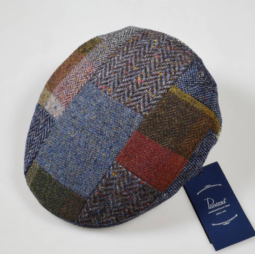 Panizza Berretto panizza blu a patchwork in lana donegal tweed Convenienza