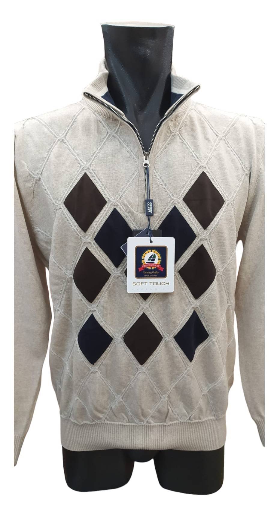 Green Coast Maglia a lupetto con zip a rombi in lana merinos zegna baruffa Promozione
