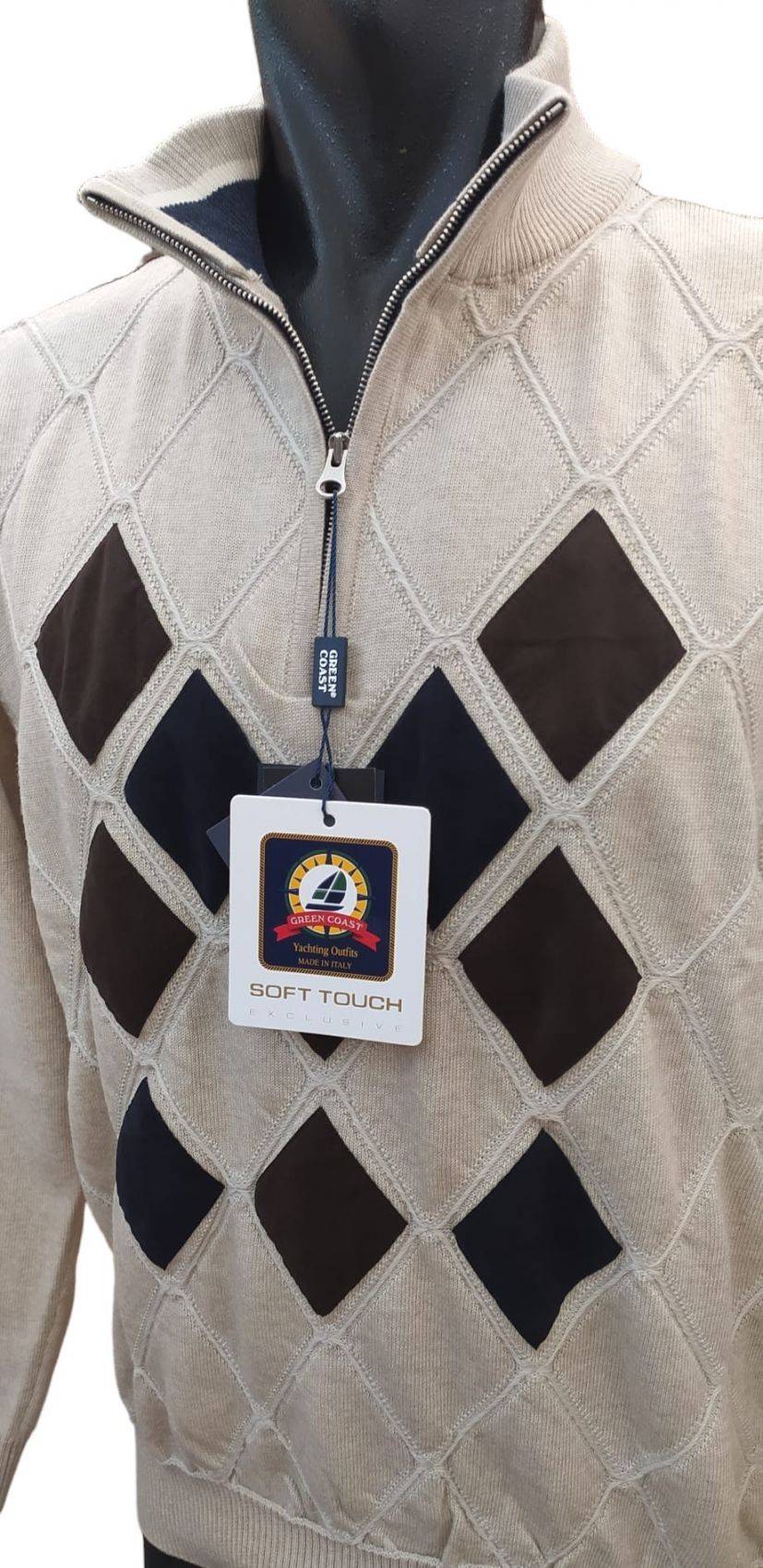 Green Coast Maglia a lupetto con zip a rombi in lana merinos zegna baruffa Promozione