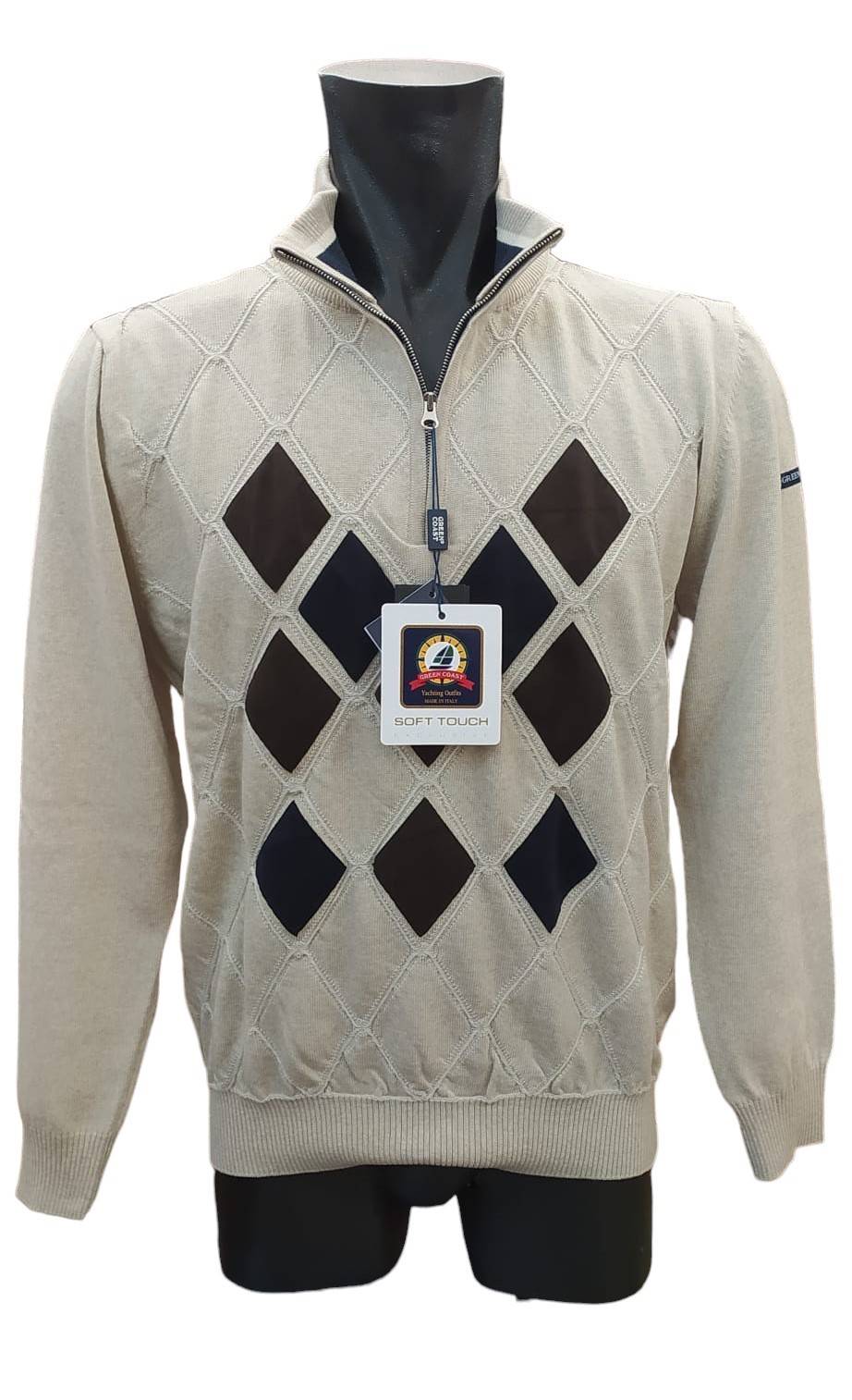 Green Coast Maglia a lupetto con zip a rombi in lana merinos zegna baruffa Promozione