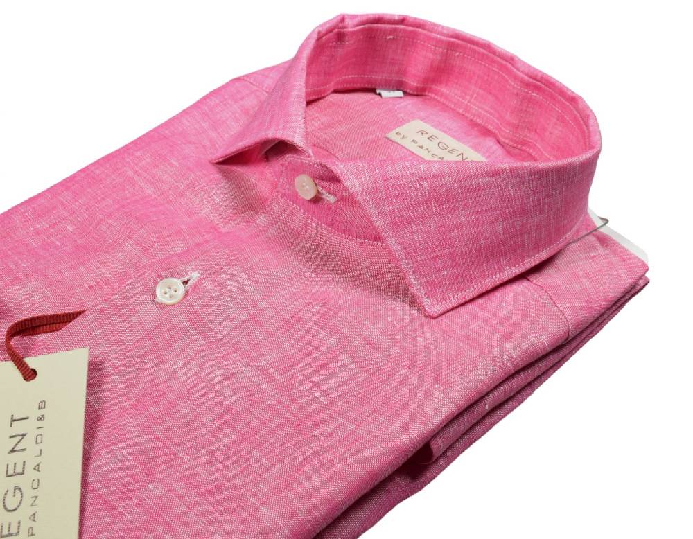 Regent by Pancaldi Camicia pancaldi corallo slim fit in puro lino collo alla francese Sconto