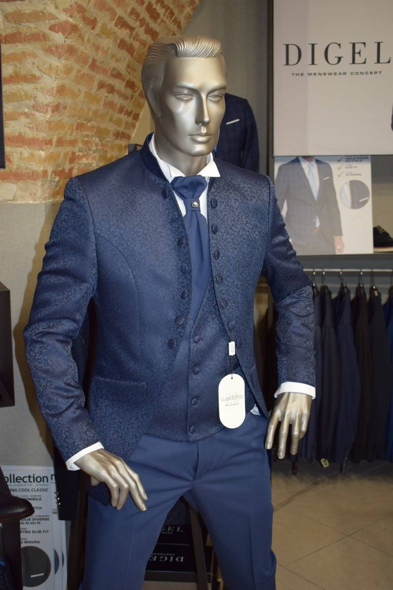 Musani Milano Cerimonia Abito musani blu damascato slim fit Nuovo