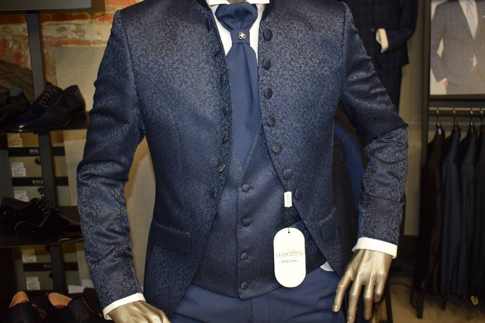Musani Milano Cerimonia Abito musani blu damascato slim fit Nuovo