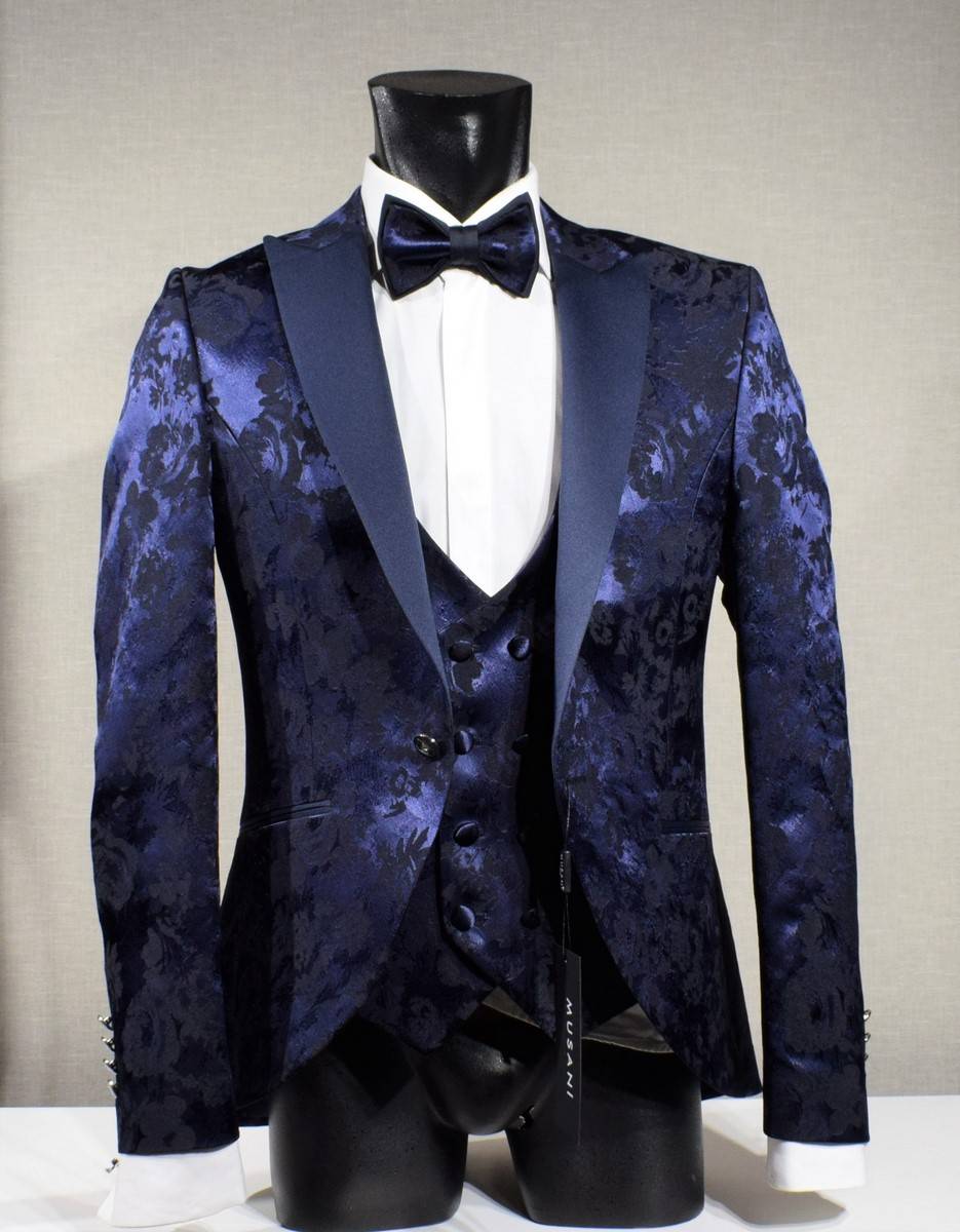 Musani Milano Cerimonia Abito blu damascato musani cerimonia sposo slim fit Acquista Ora