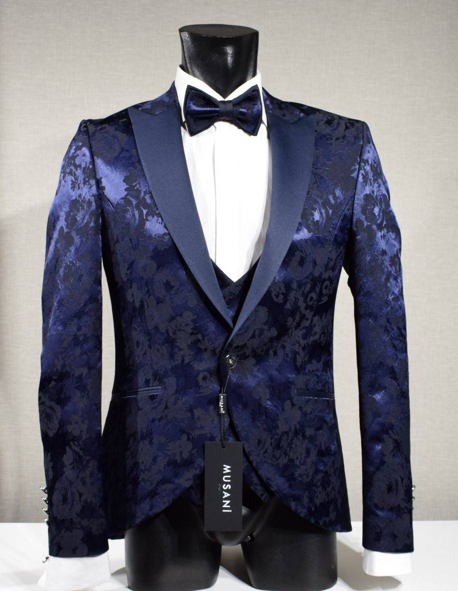 Musani Milano Cerimonia Abito blu damascato musani cerimonia sposo slim fit Acquista Ora