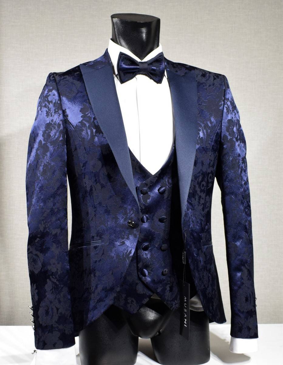 Musani Milano Cerimonia Abito blu damascato musani cerimonia sposo slim fit Acquista Ora