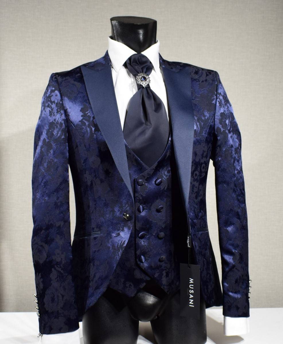 Musani Milano Cerimonia Abito blu damascato musani cerimonia sposo slim fit Acquista Ora