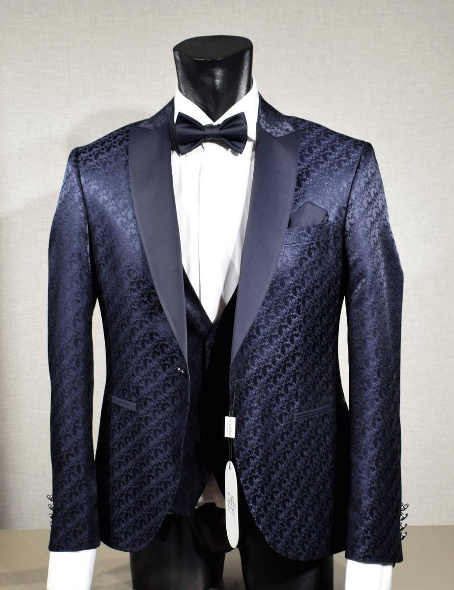 Musani Milano Cerimonia Abito smoking blu damascato musani cerimonia slim fit Consegna Veloce