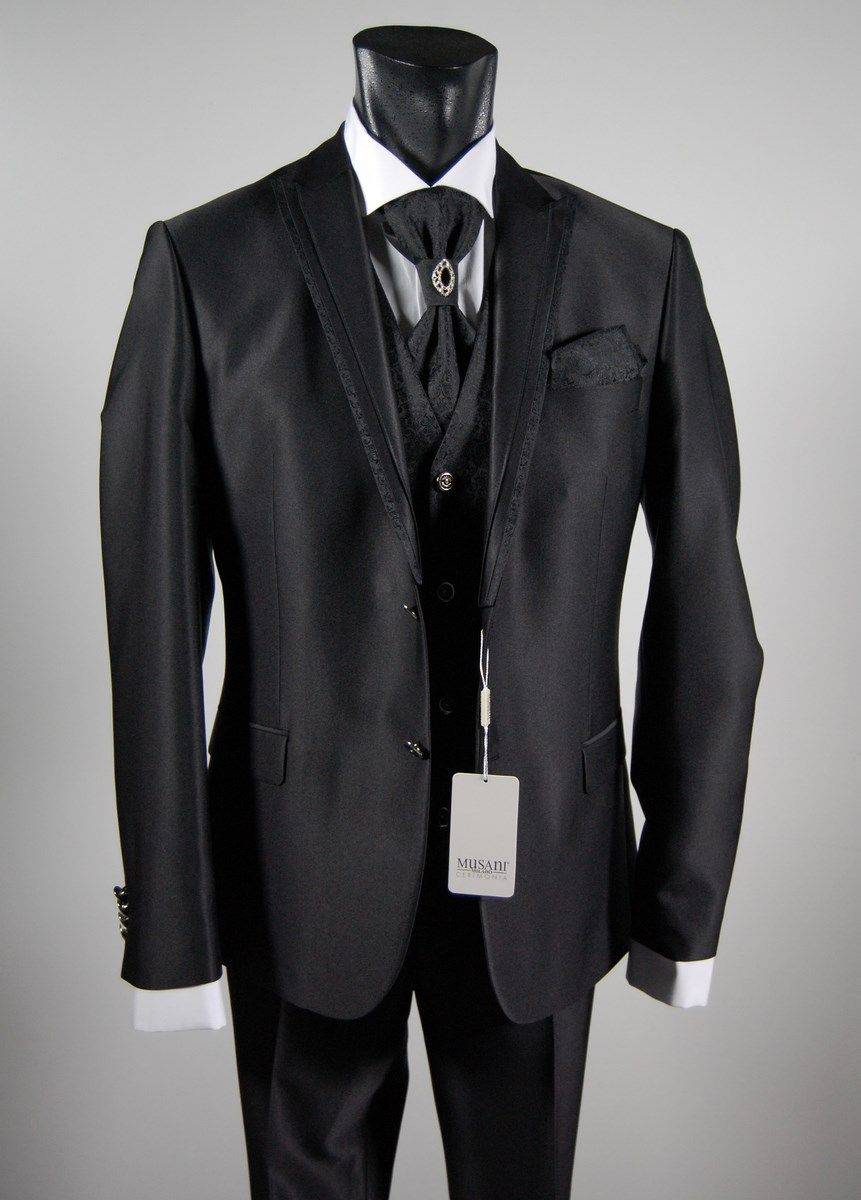 Musani Milano Cerimonia Abito da sposo nero slim fit completo di gilet cravatta e camicia musani milano Hotsell
