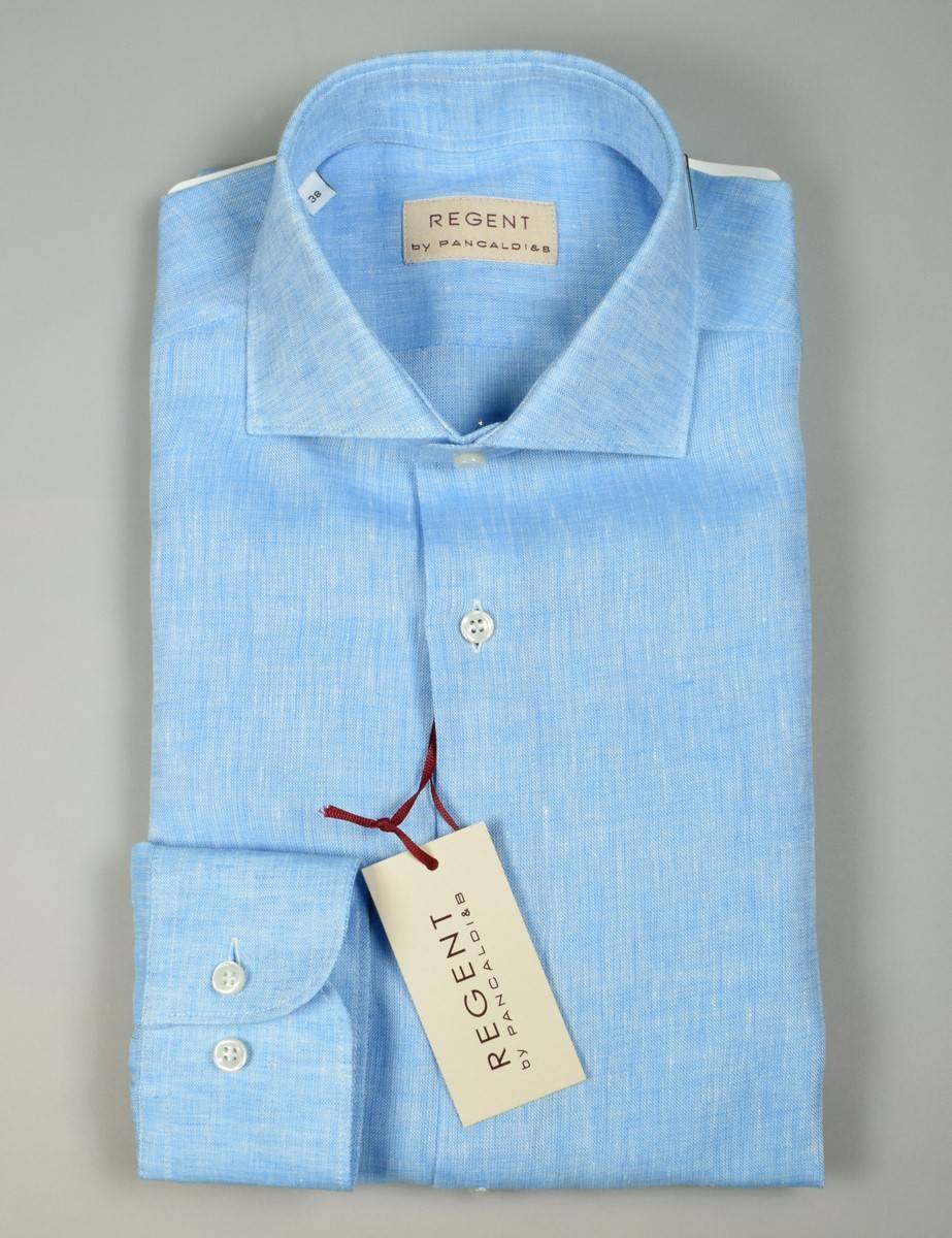 Regent by Pancaldi Camicia pancaldi verde acqua slim fit in puro lino collo alla francese Negozio