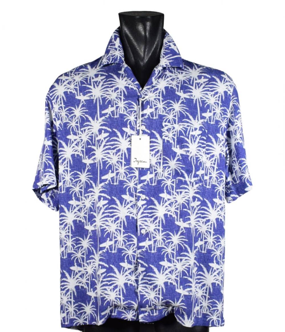 Camicia ingram azzurra collo bowling fantasia floreale Spedizione gratuita