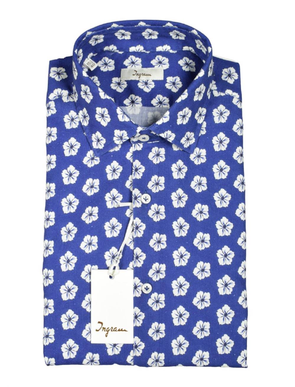 Ingram Camicia ingram azzurra fantasia floreale cotone e lino slim fit Fornitura limitata