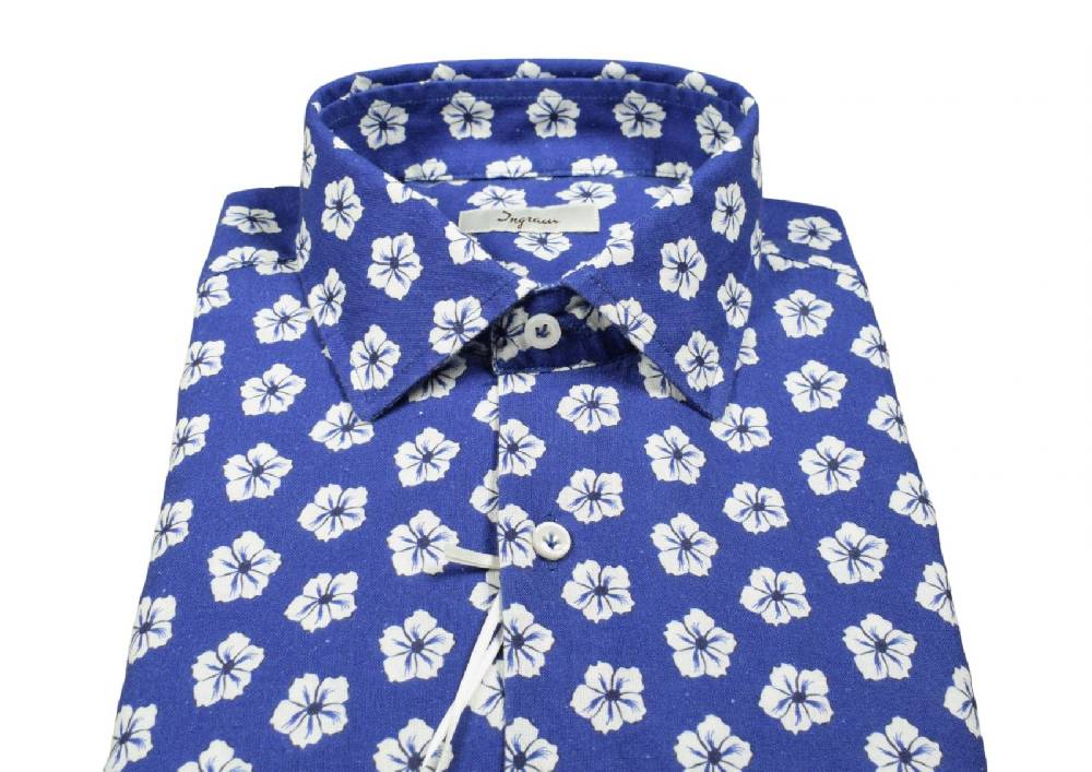 Ingram Camicia ingram azzurra fantasia floreale cotone e lino slim fit Fornitura limitata