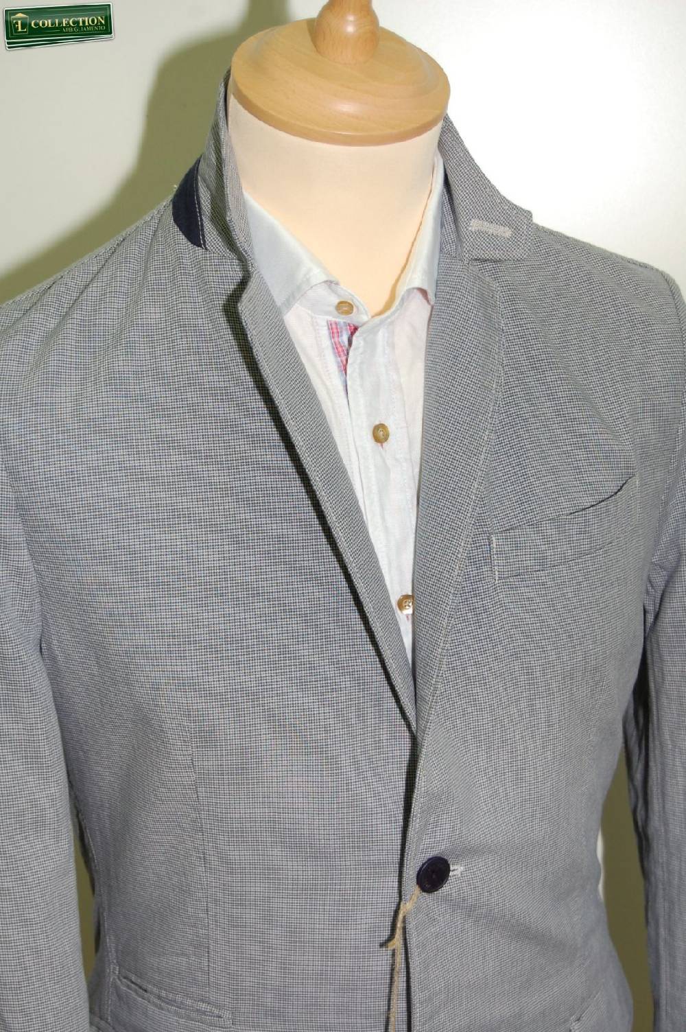 John Barritt Giacca moda cotone lavato micro quadro azzurro Trasporto libero internazionale