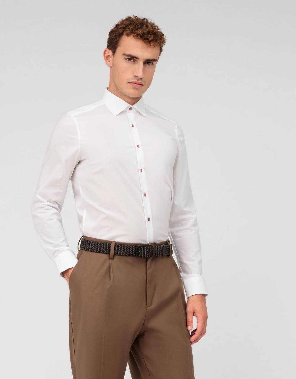 Olymp Camicia olymp bianca slim fit con bottoni malva Offerte