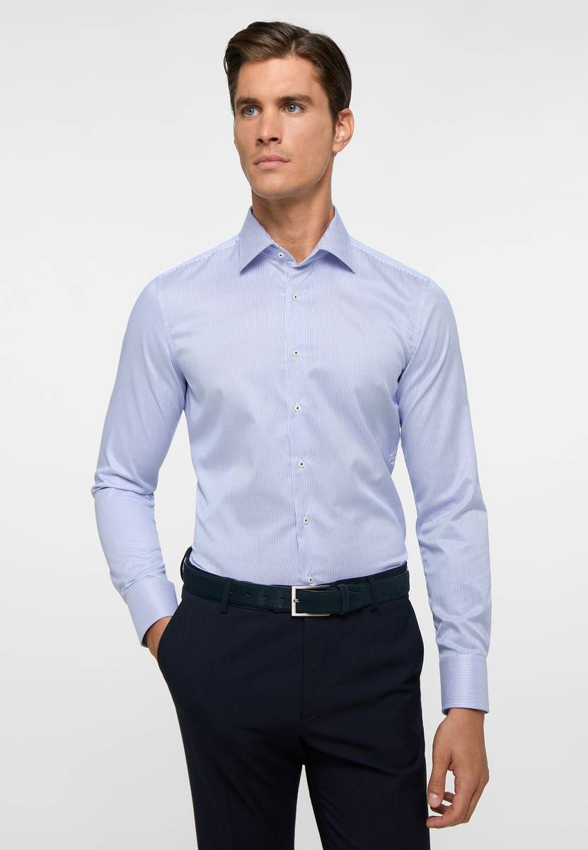 Eterna Camicia a righe azzurro eterna slim fit in cotone twill no stiro Only for today
