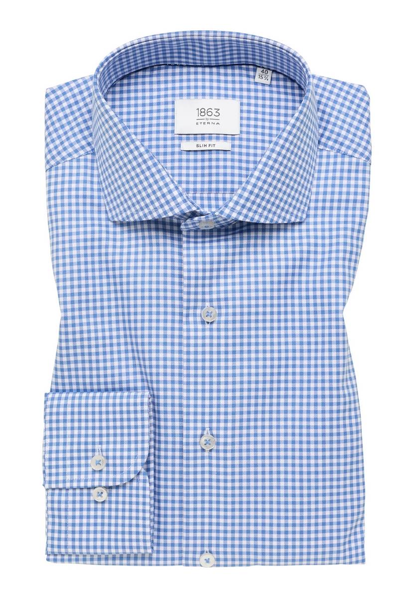 Eterna Camicia a quadretti azzurro eterna slim fit in cotone twill no stiro Offerta speciale della fabbrica