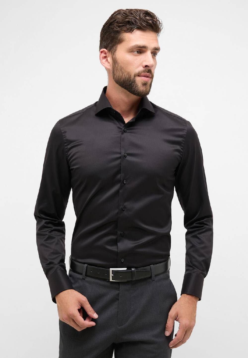 Eterna Camicia nera eterna slim fit in cotone twill no stiro Fino al 55% di sconto
