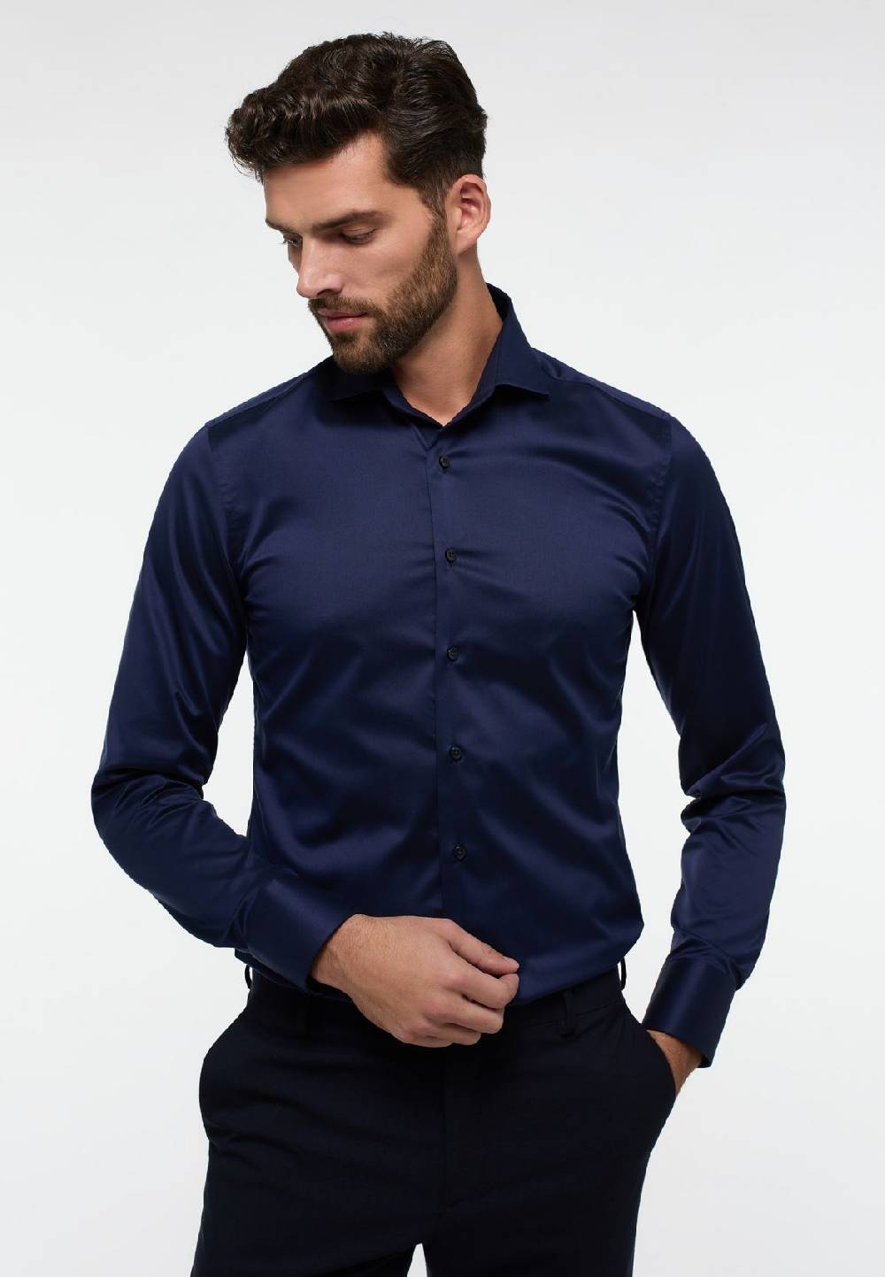Eterna Camicia blu eterna slim fit in cotone twill no stiro Solo un giorno rimasto