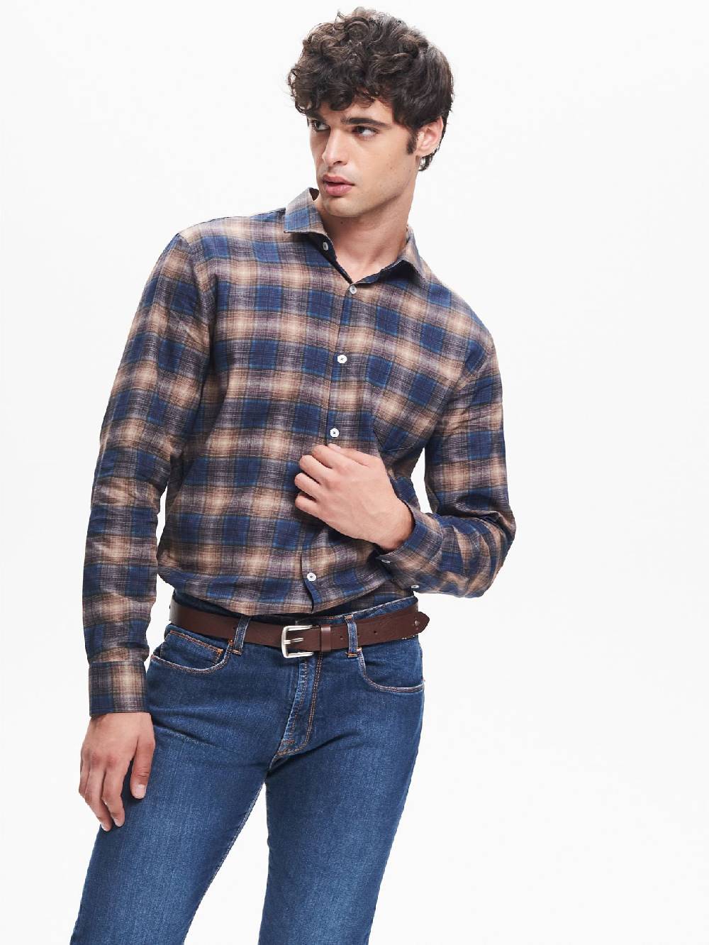 Rinascimento Camicia Check Uomo Collo alla Francese Blu QB24 Economico